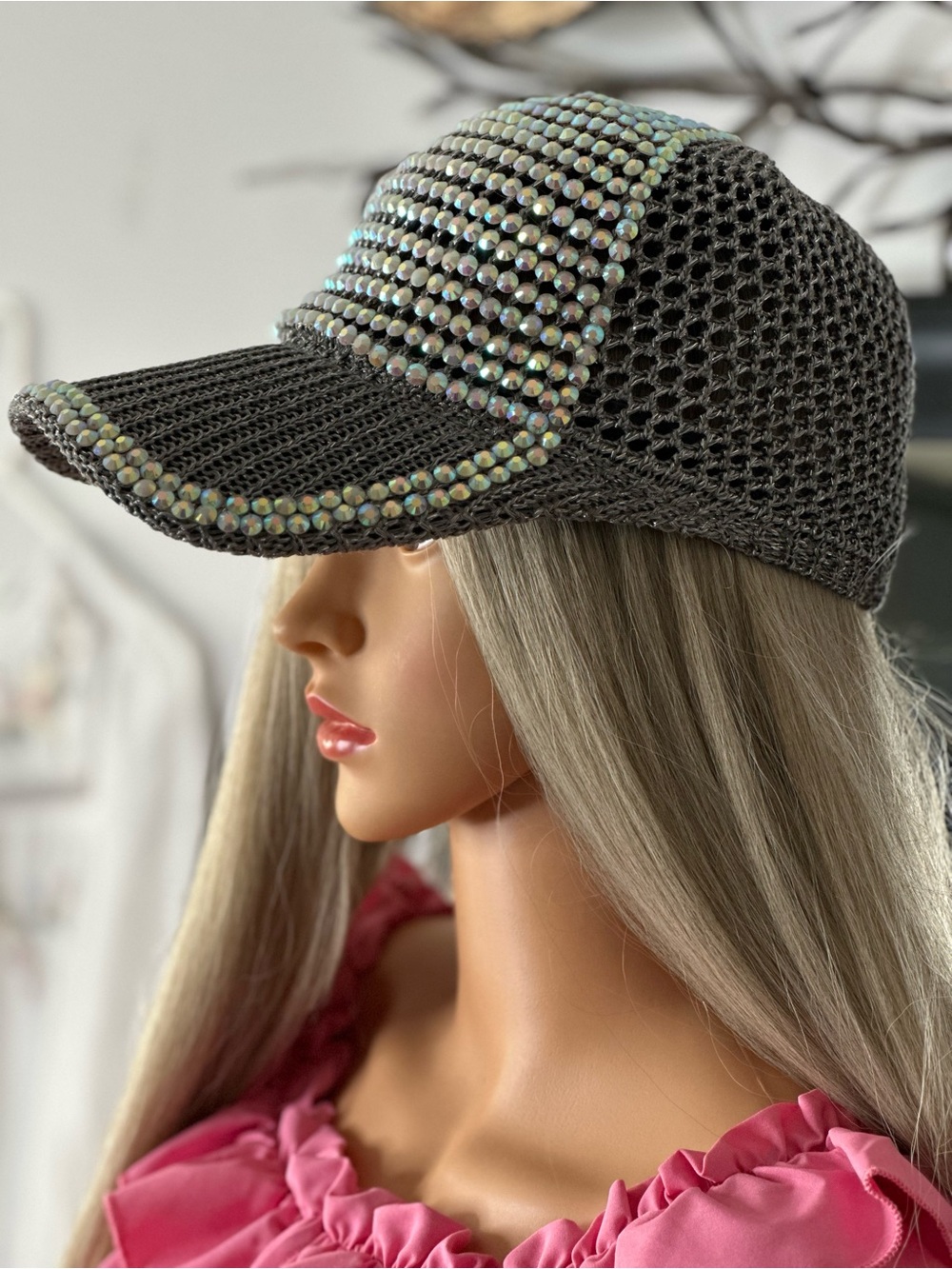 REVOLVE Silver Rhinestone Mesh Baseball Cap - Picture 2 of 8